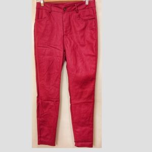 Red leather imitation pants.